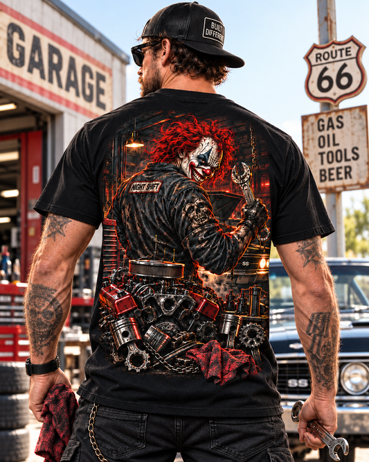 Night Shift Clown Mechanic T-Shirt – Garage Horror Graphic Tee