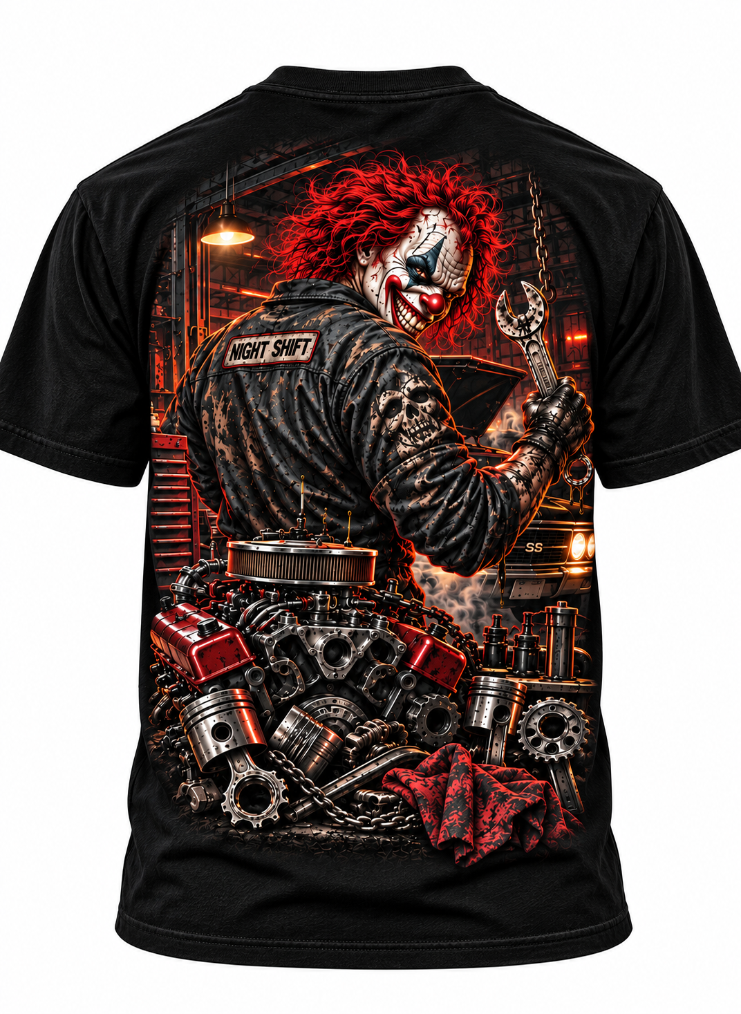 Night Shift Clown Mechanic T-Shirt – Garage Horror Graphic Tee